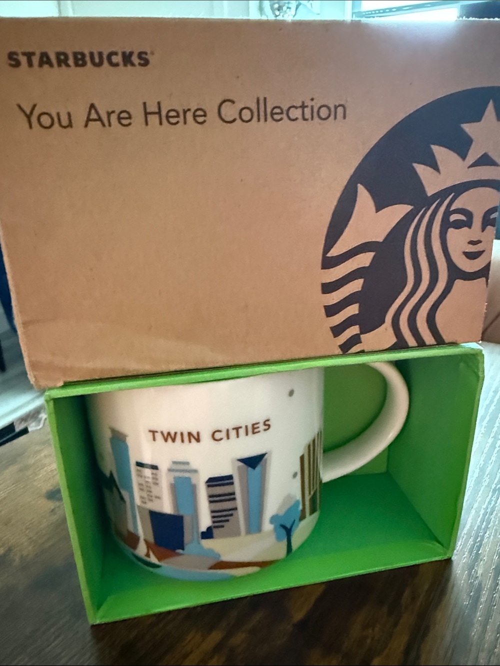 Starbucks Twin Cities White Ceramic Mug with Green Interior and Skyline Art